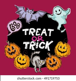 Halloween hand drawn characters and attributes doodle set. Halloween vector illustration. Vector illustration.