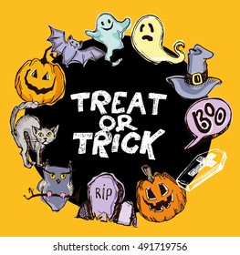 Halloween hand drawn characters and attributes doodle set. Halloween vector illustration. Vector illustration.