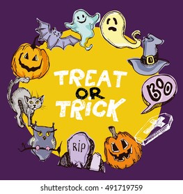 Halloween hand drawn characters and attributes doodle set. Halloween vector illustration. Vector illustration.
