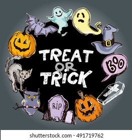Halloween hand drawn characters and attributes doodle set. Halloween vector illustration. Vector illustration.