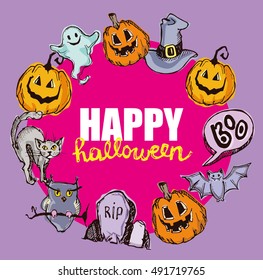 Halloween hand drawn characters and attributes doodle set. Halloween vector illustration. Vector illustration.