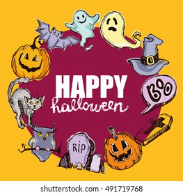 Halloween hand drawn characters and attributes doodle set. Halloween vector illustration. Vector illustration.