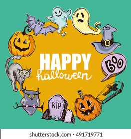 Halloween hand drawn characters and attributes doodle set. Halloween vector illustration. Vector illustration.