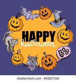 Halloween hand drawn characters and attributes doodle set. Halloween vector illustration. Vector illustration.