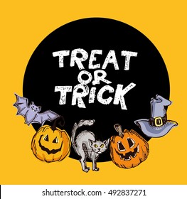 Halloween hand drawn characters and attributes doodle set. Halloween vector illustration. Vector illustration.