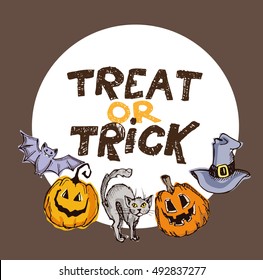 Halloween hand drawn characters and attributes doodle set. Halloween vector illustration. Vector illustration.