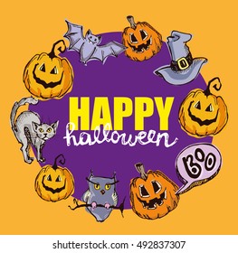 Halloween hand drawn characters and attributes doodle set. Halloween vector illustration. Vector illustration.