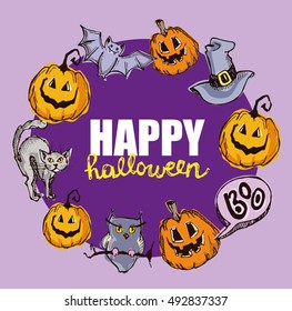 Halloween hand drawn characters and attributes doodle set. Halloween vector illustration. Vector illustration.