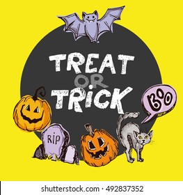 Halloween hand drawn characters and attributes doodle set. Halloween vector illustration. Vector illustration.