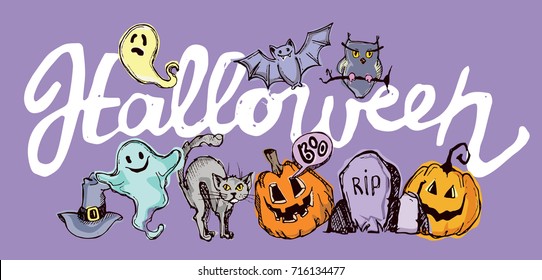 Halloween hand drawn characters and attributes doodle set. Vector illustration.