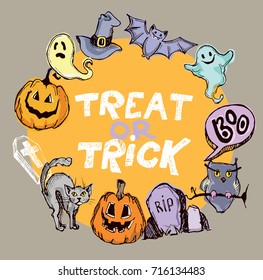Conjunto de doodle de personajes y atributos dibujados a mano de Halloween. Ilustración vectorial.