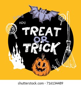 Halloween hand drawn characters and attributes doodle set. Vector illustration.