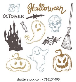 Halloween hand drawn characters and attributes doodle set. Vector illustration.