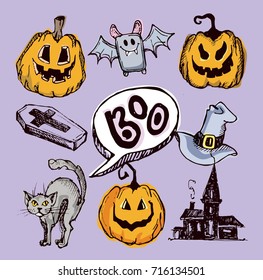 Halloween hand drawn characters and attributes doodle set. Vector illustration.