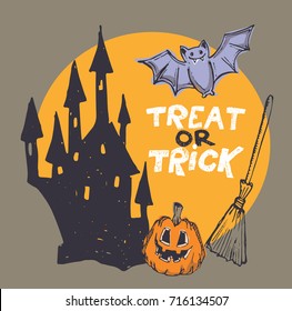 Halloween hand drawn characters and attributes doodle set. Vector illustration.