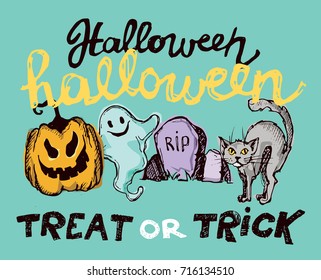 Halloween hand drawn characters and attributes doodle set. Vector illustration.