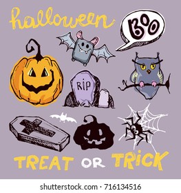 Halloween hand drawn characters and attributes doodle set. Vector illustration.