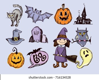 Halloween hand drawn characters and attributes doodle set. Vector illustration.