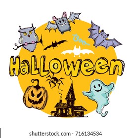 Halloween hand drawn characters and attributes doodle set. Vector illustration.