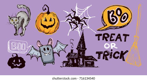 Halloween hand drawn characters and attributes doodle set. Vector illustration.