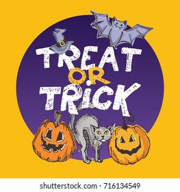 Halloween hand drawn characters and attributes doodle set. Vector illustration.
