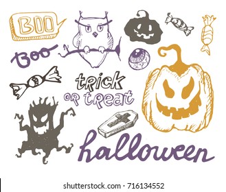 Halloween hand drawn characters and attributes doodle set. Vector illustration.