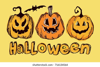 Halloween hand drawn characters and attributes doodle set. Vector illustration.