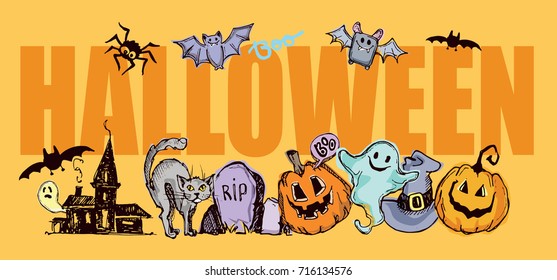 Halloween hand drawn characters and attributes doodle set. Vector illustration.