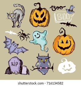 Halloween hand drawn characters and attributes doodle set. Vector illustration.