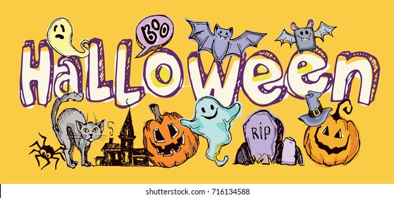 Halloween hand drawn characters and attributes doodle set. Vector illustration.