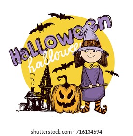 Halloween hand drawn characters and attributes doodle set. Vector illustration.