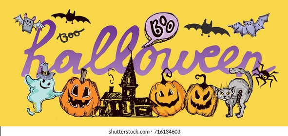 Halloween hand drawn characters and attributes doodle set. Vector illustration.