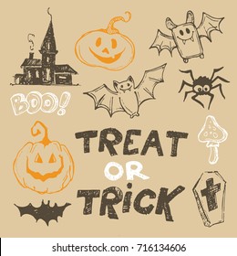 Halloween hand drawn characters and attributes doodle set. Vector illustration.