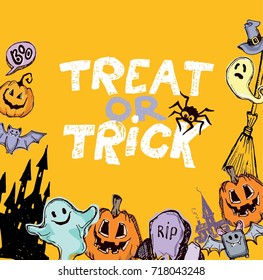 Halloween hand drawn characters and attributes doodle set. Halloween vector illustration. Vector illustration.