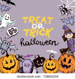Halloween hand drawn characters and attributes doodle set. Halloween vector illustration. Vector illustration.