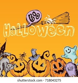 Halloween hand drawn characters and attributes doodle set. Halloween vector illustration. Vector illustration.