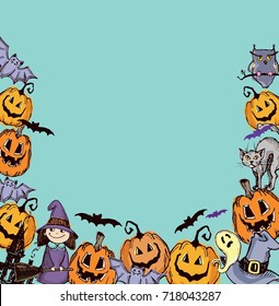 Halloween hand drawn characters and attributes doodle set. Halloween vector illustration. Vector illustration.