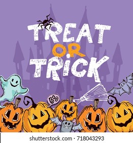 Halloween hand drawn characters and attributes doodle set. Halloween vector illustration. Vector illustration.