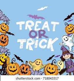 Halloween hand drawn characters and attributes doodle set. Halloween vector illustration. Vector illustration.