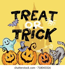 Halloween hand drawn characters and attributes doodle set. Halloween vector illustration. Vector illustration.