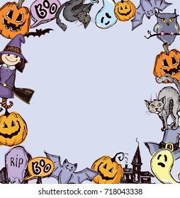 Halloween hand drawn characters and attributes doodle set. Halloween vector illustration. Vector illustration.
