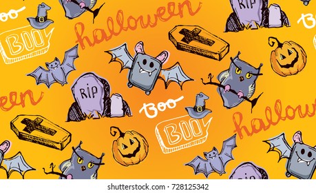 Halloween hand drawn characters and attributes doodle set. Halloween vector illustration. Vector illustration.