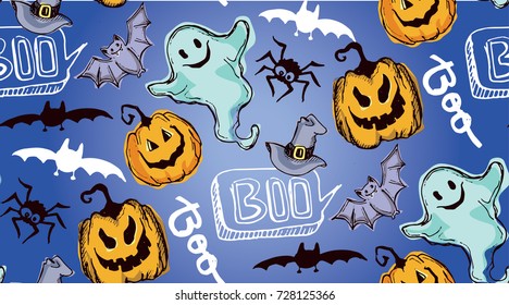 Halloween hand drawn characters and attributes doodle set. Halloween vector illustration. Vector illustration.