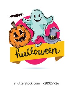 Halloween hand drawn characters and attributes doodle set. Halloween vector illustration. Vector illustration.