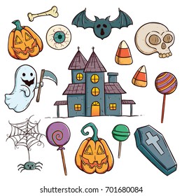 halloween hand drawn characters design with color on white background