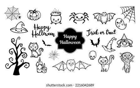 Halloween hand drawn clipart of cute ghost, pumpkin, house,cat, spider , mummy, witch and bats. Happy Halloween and trick or treat signs illustration isolated on white backgrond. Vector set for svg 