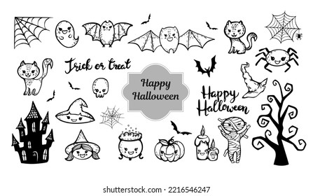 Halloween hand drawn clipart of cute ghost,pumpkin,house,cat,spider web,  mummy, bats, witch.Happy Halloween and trick or treat signs doodle sketch illustration on white backgrond. Vector set for svg