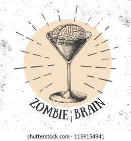 Halloween hand drawn cocktail zombie brain vector illustration. Hipster style