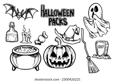 halloween hand drawn collection with ghost clothes, pumpkins, wands, spells, candies and bats
