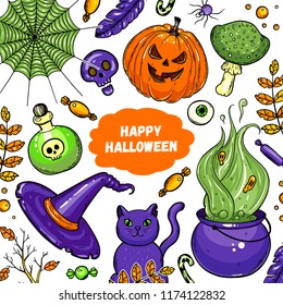 Halloween hand drawn collection. Vector illustration. Colored design template.